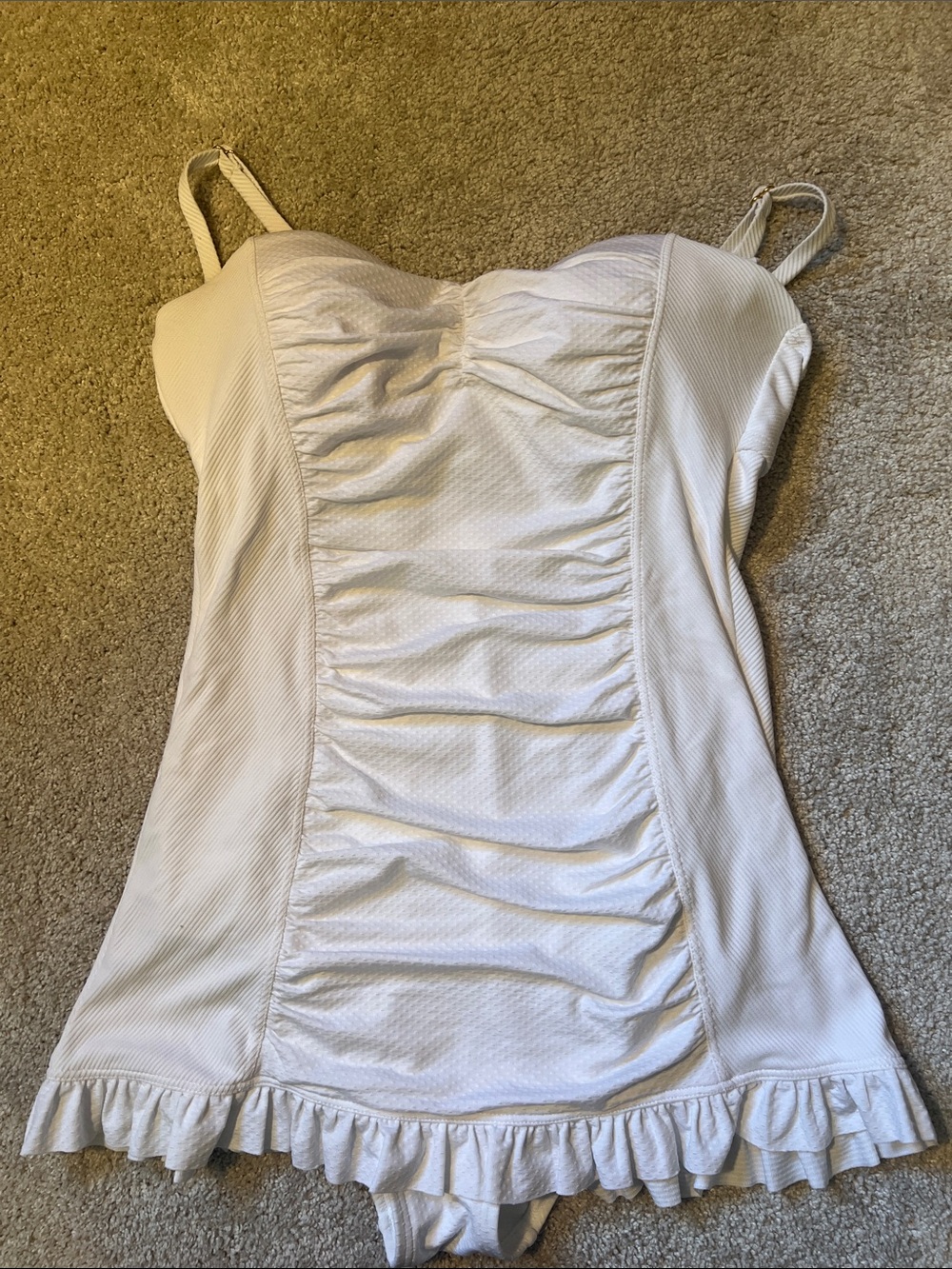 Jantzen White Ruched Swimdress with Ruffle Hem